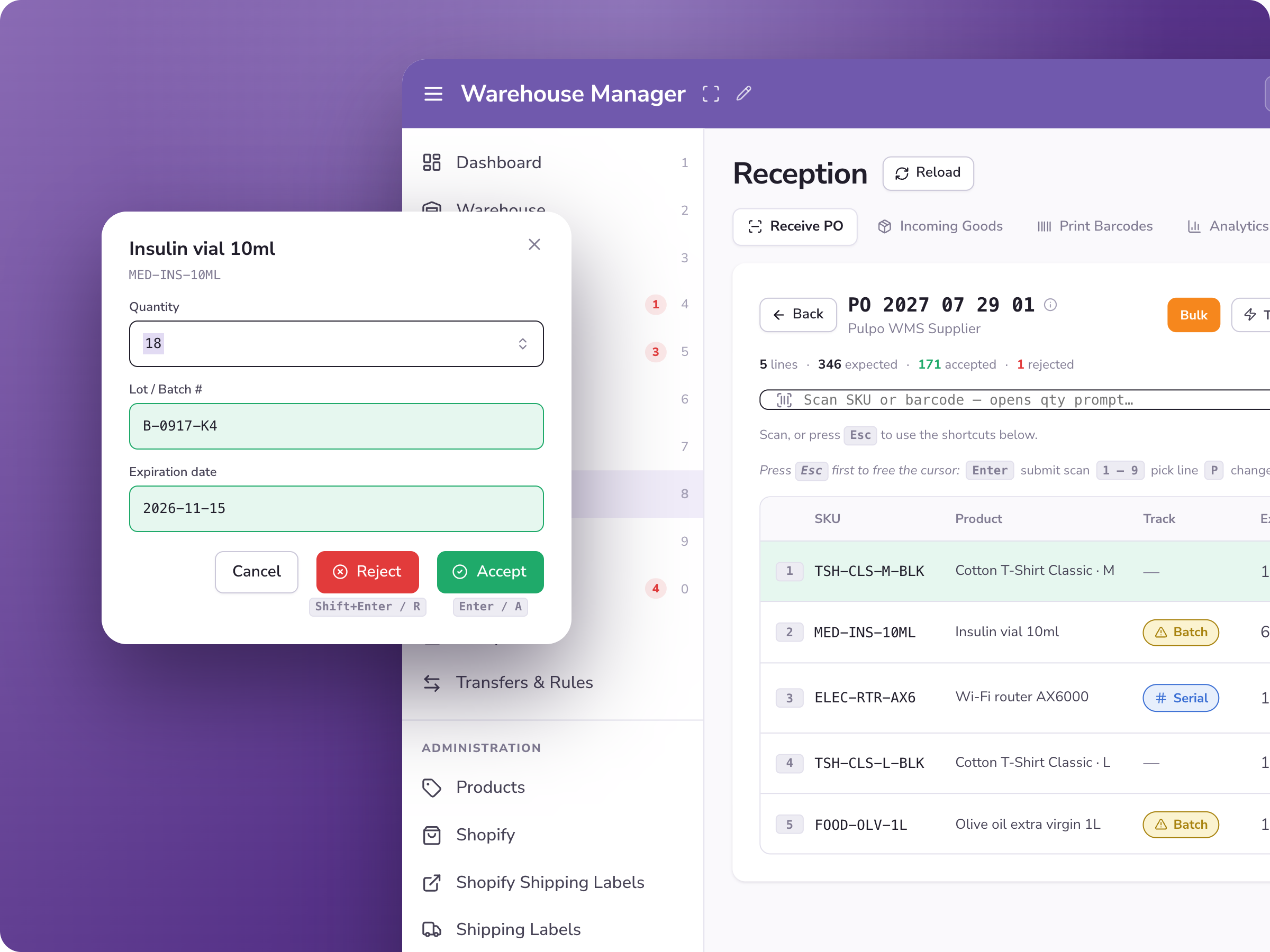Reception workflow in PULPO WMS