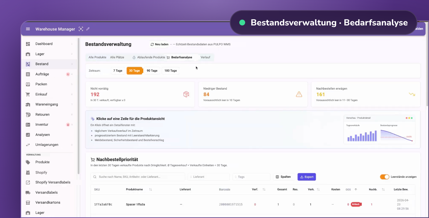 PULPO WMS Bestandsverwaltung mit Bedarfsanalyse und Nachbestellpriorität