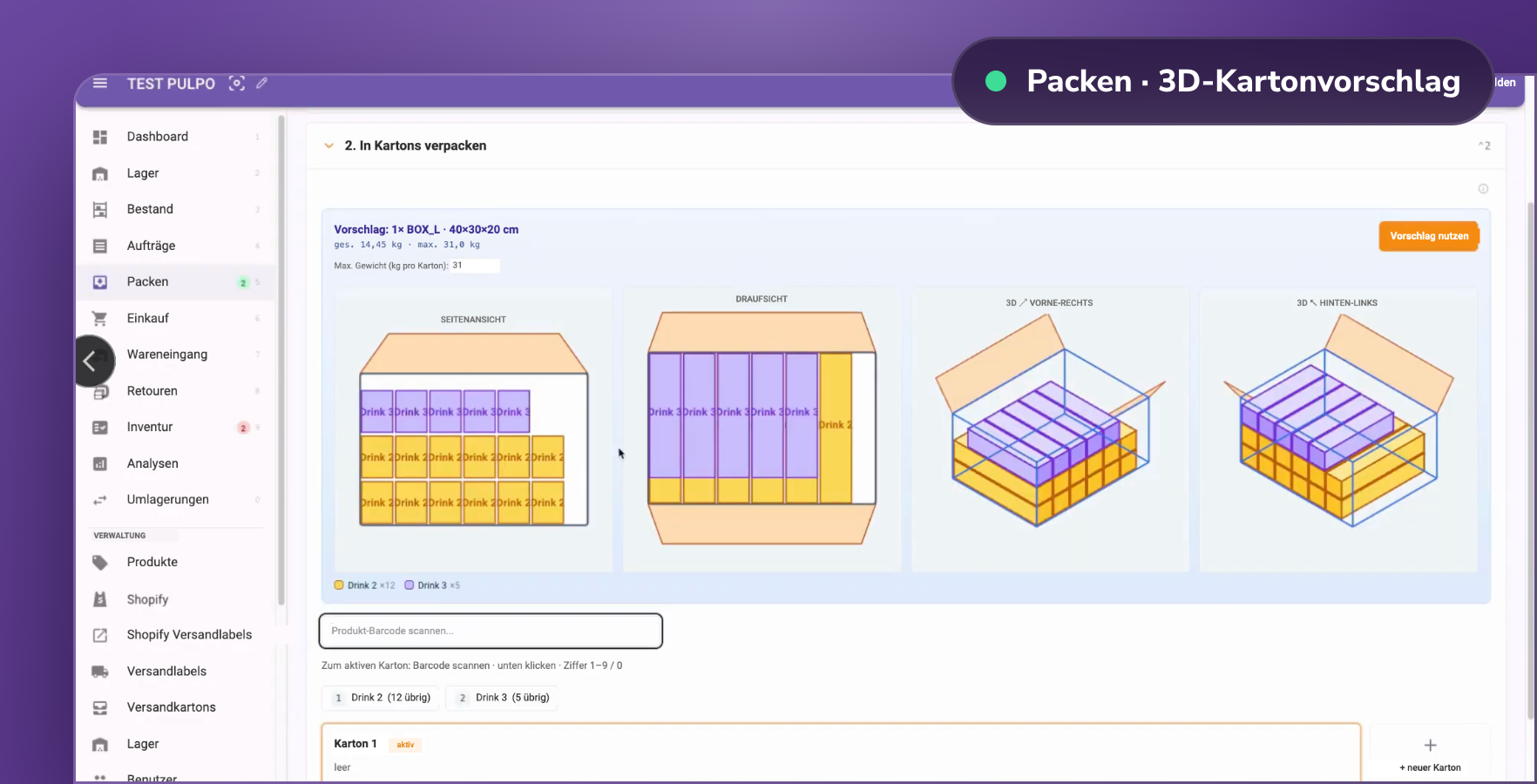 PULPO WMS Packstation mit 3D-Verpackungsvorschlag
