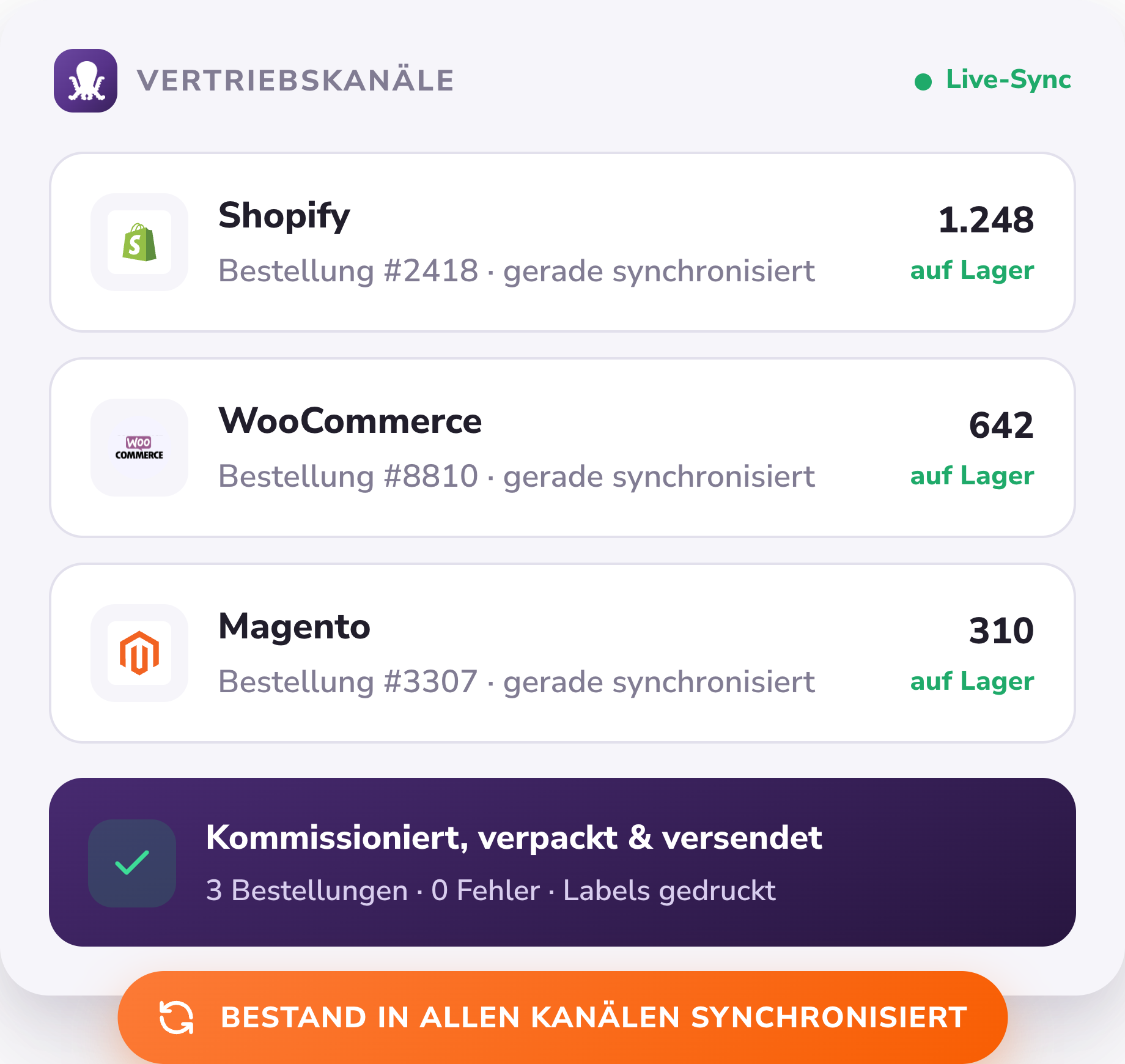 Bestellungen aus Shopify, WooCommerce und Magento werden in PULPO WMS synchronisiert, kommissioniert, verpackt und versendet