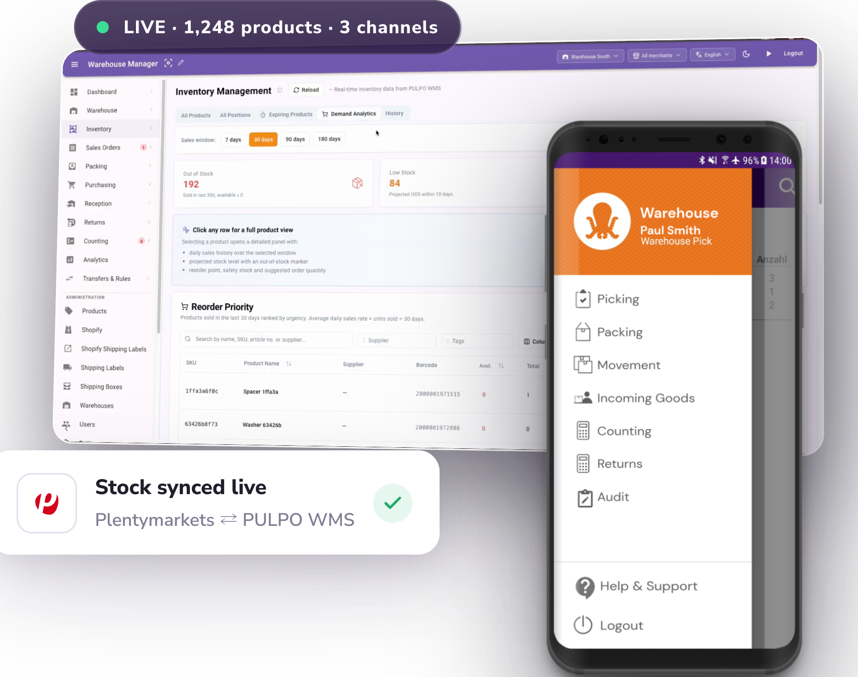 PULPO WMS web app and mobile app synced live with Plentymarkets