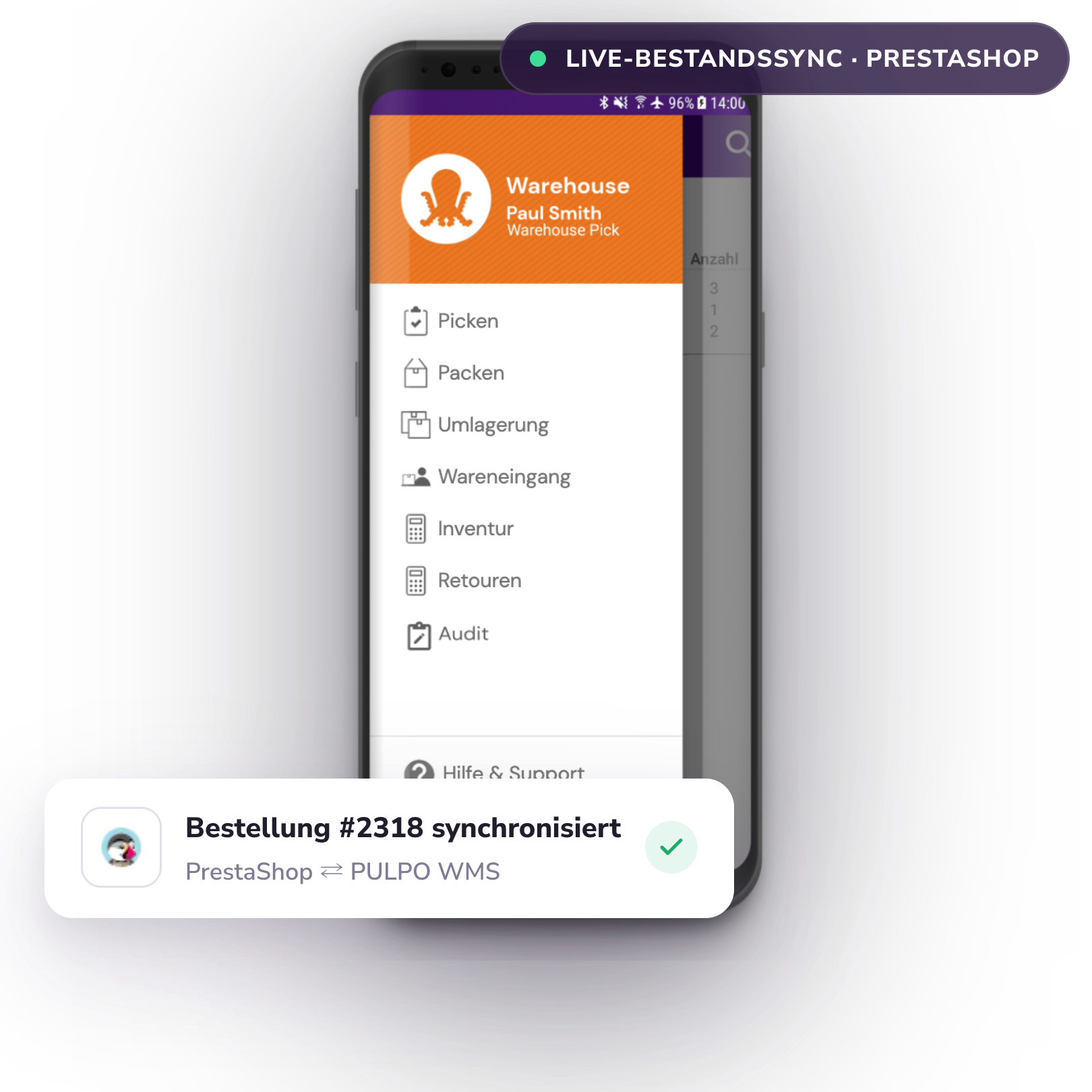 PULPO WMS Mobile App verbunden mit einem PrestaShop Shop