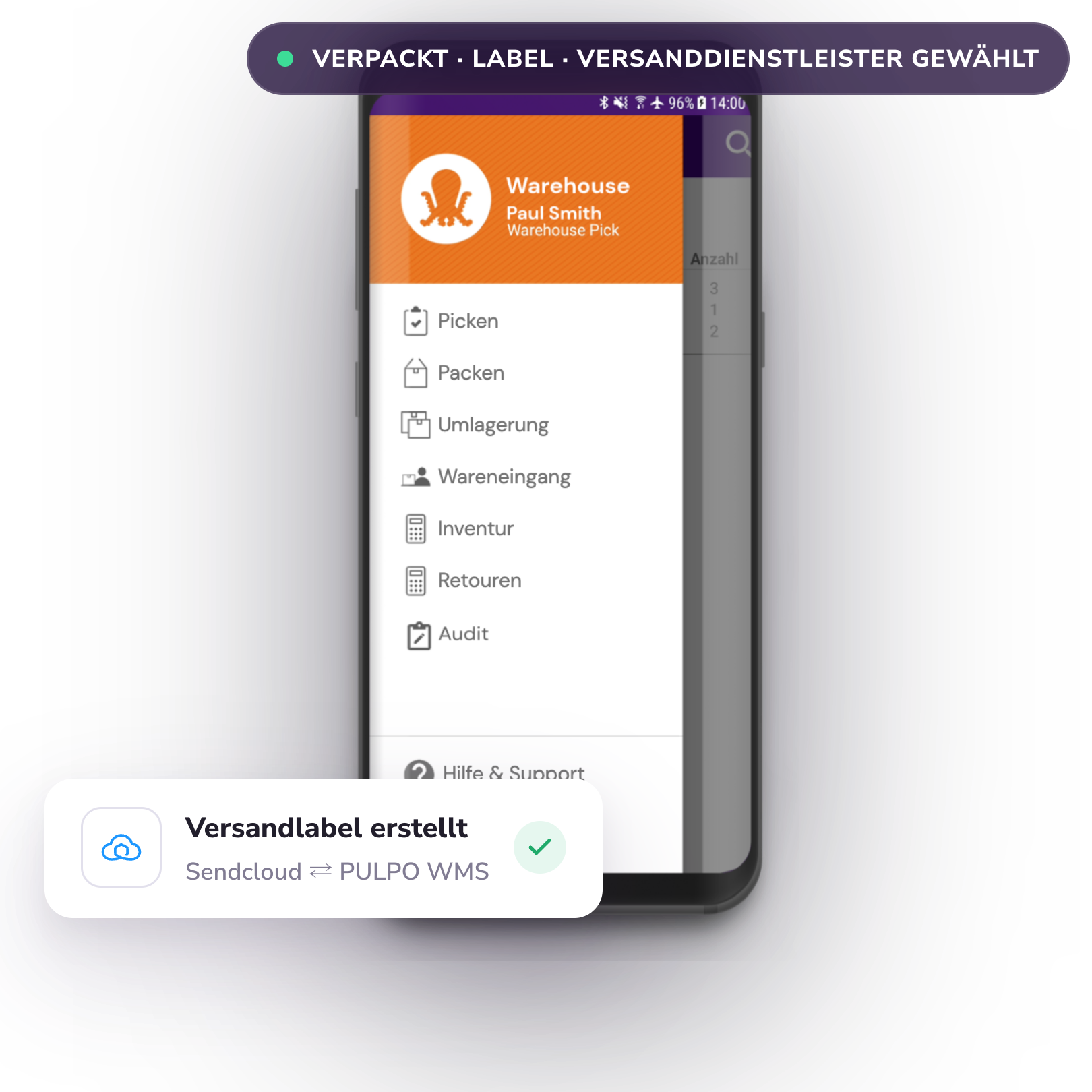 PULPO WMS Mobile App verbunden mit dem Sendcloud Versand
