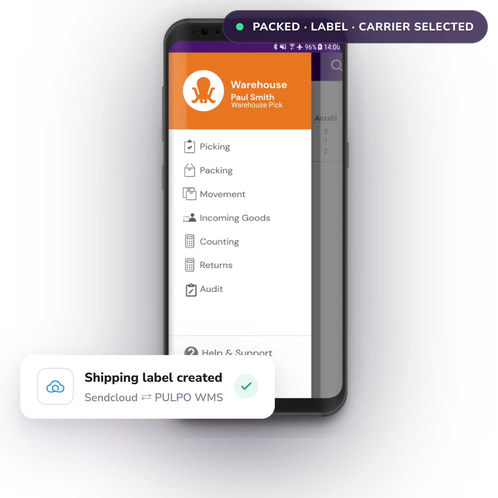 PULPO WMS mobile app connected to Sendcloud shipping