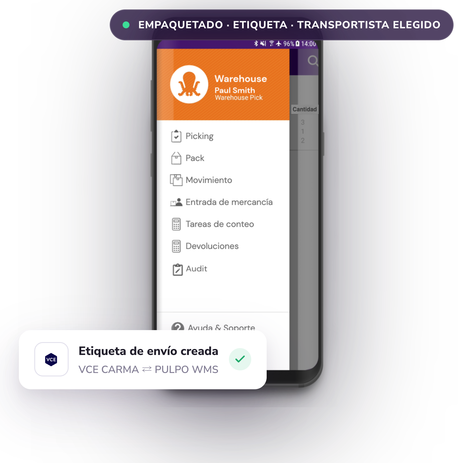 App móvil de PULPO WMS conectada a los envíos de VCE CARMA