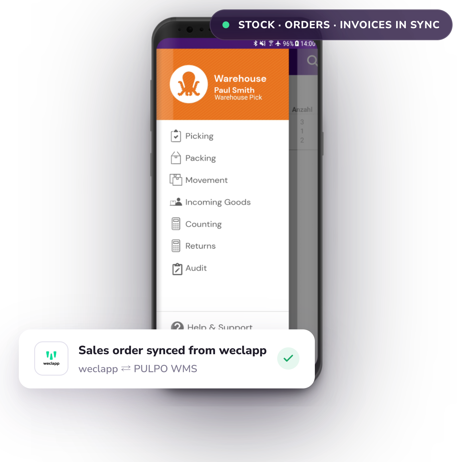 PULPO WMS mobile app connected to weclapp cloud ERP