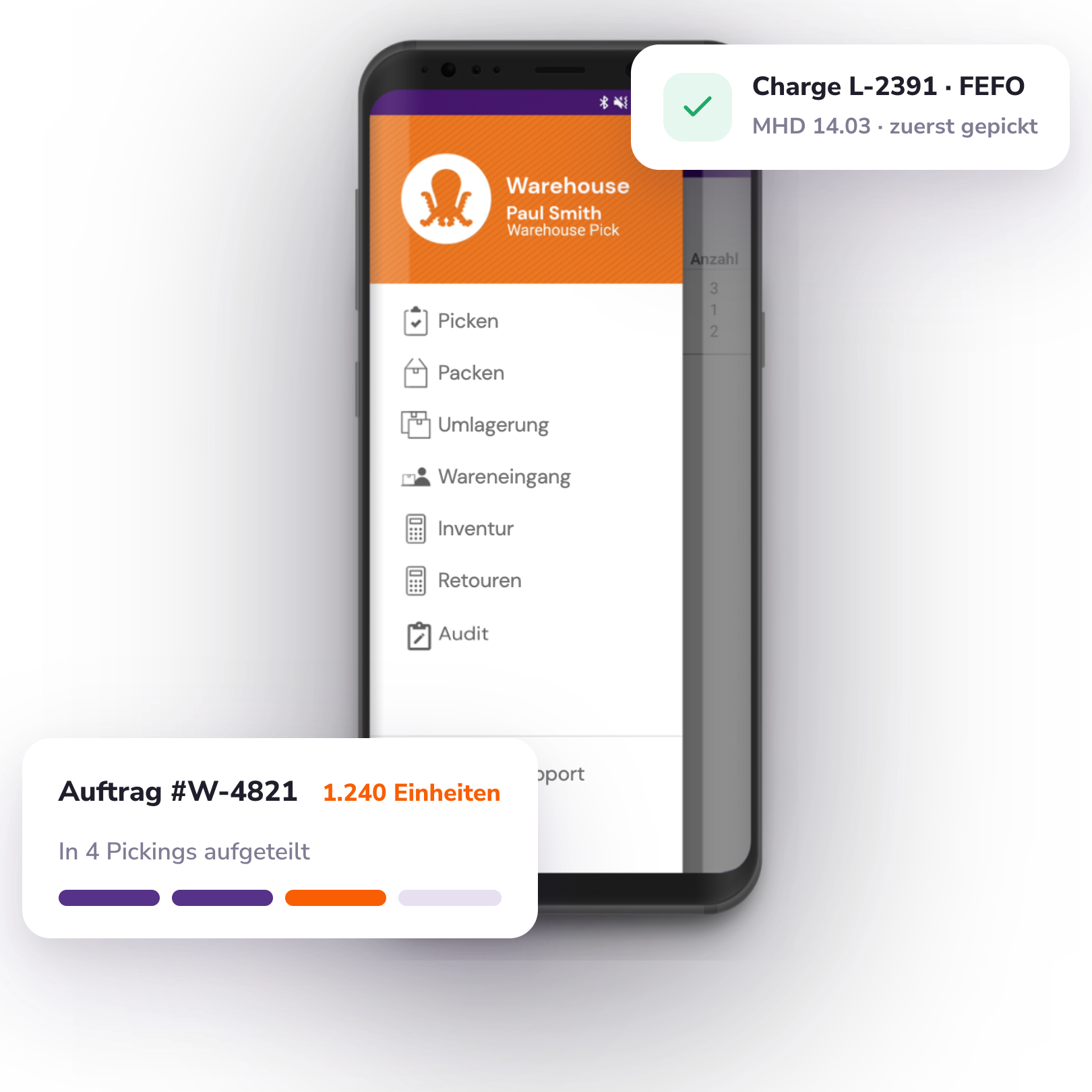 PULPO WMS Mobile App teilt einen großen Großhandelsauftrag in Pickings auf, mit FEFO-Chargenverfolgung