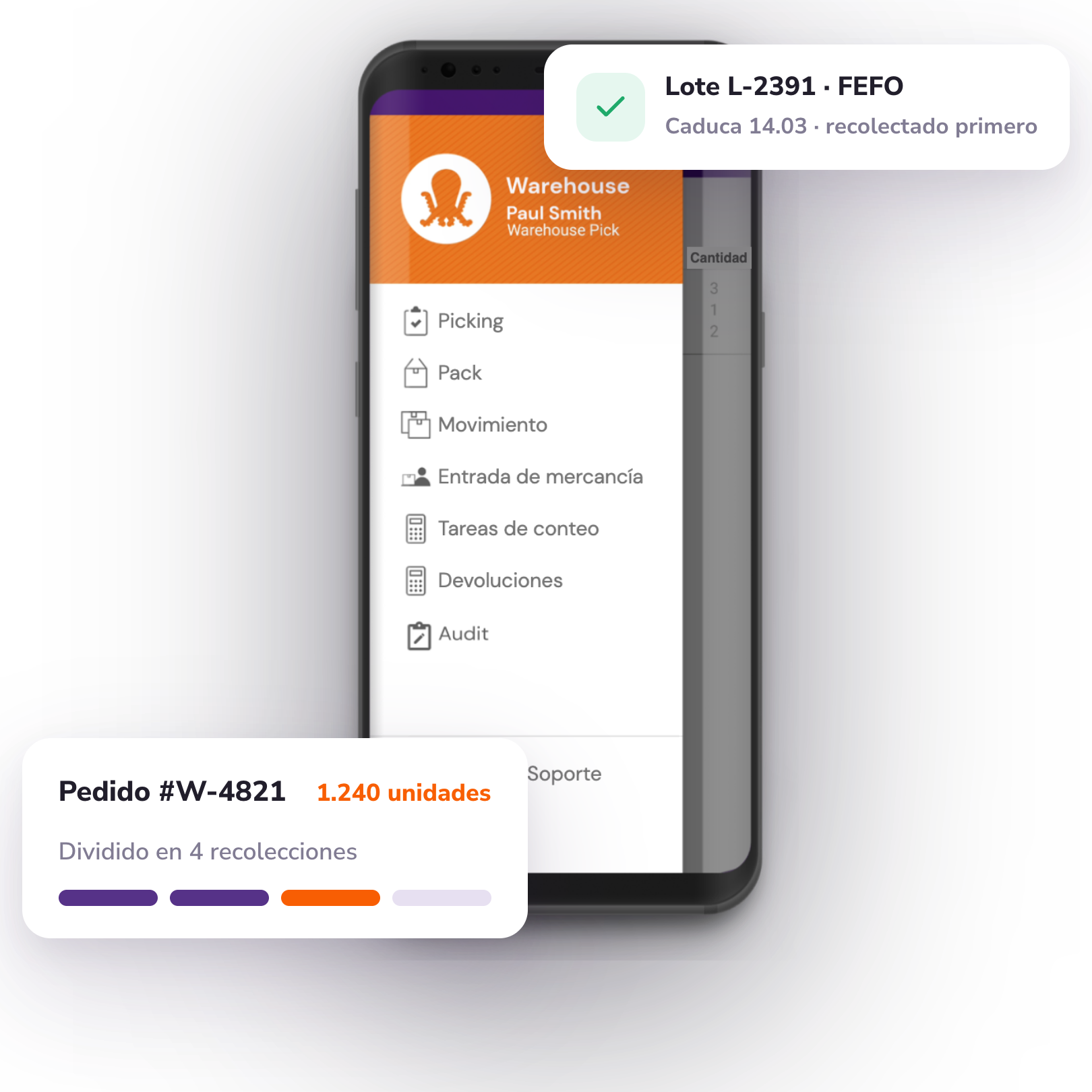 App móvil de PULPO WMS dividiendo un pedido mayorista grande en recolecciones con seguimiento de lotes FEFO