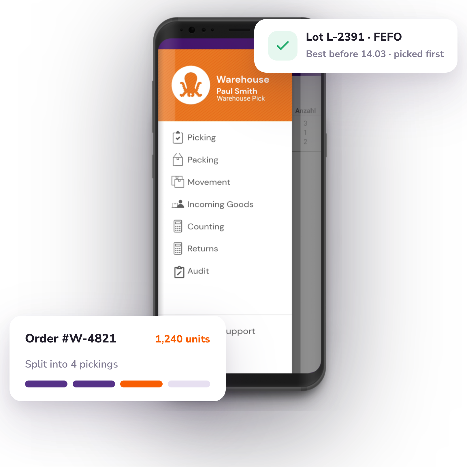 PULPO WMS mobile app splitting a large wholesale order into pickings with FEFO lot tracking