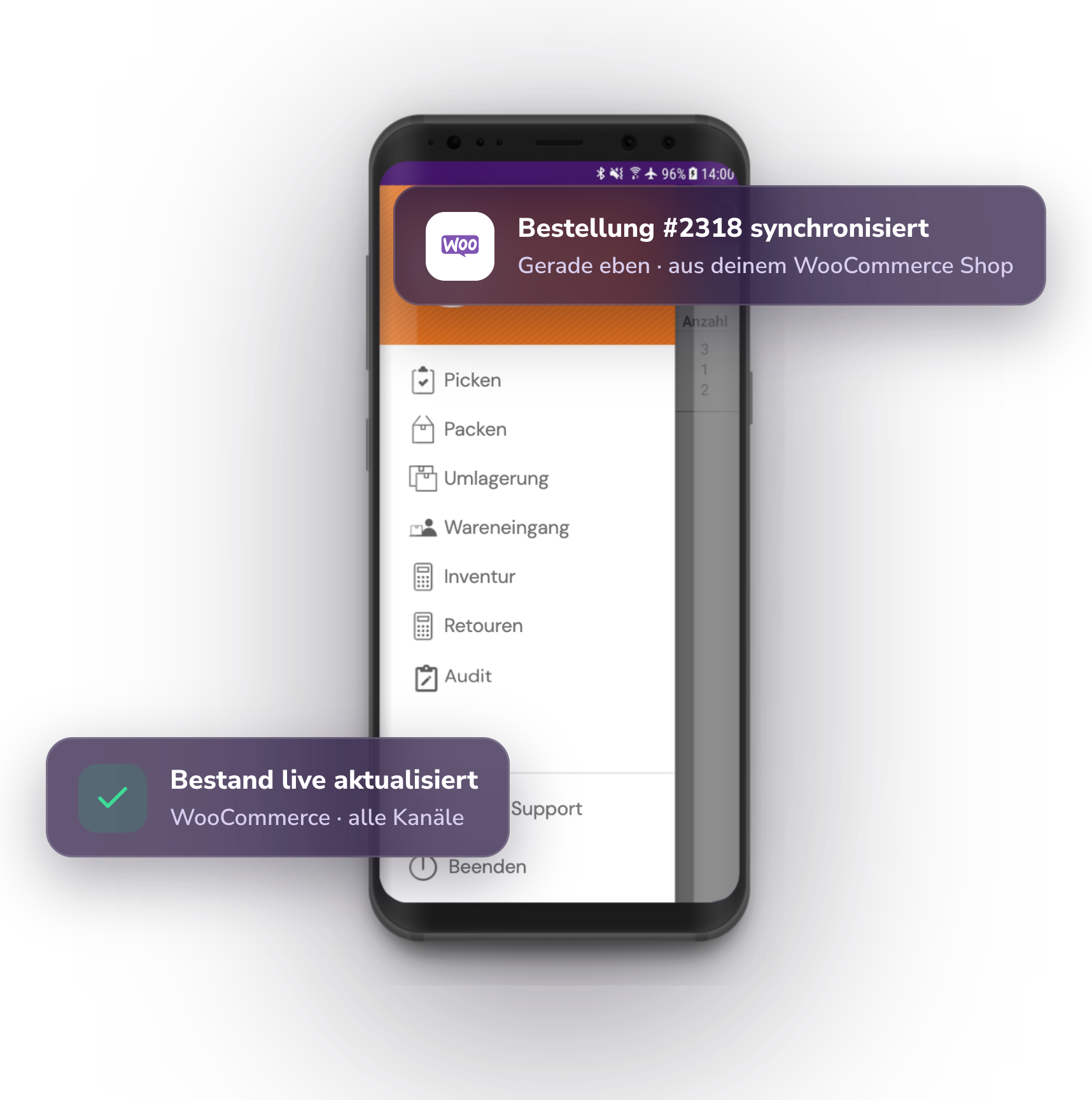 PULPO WMS Mobile App verbunden mit WooCommerce mit Live-Synchronisation von Bestellungen und Beständen