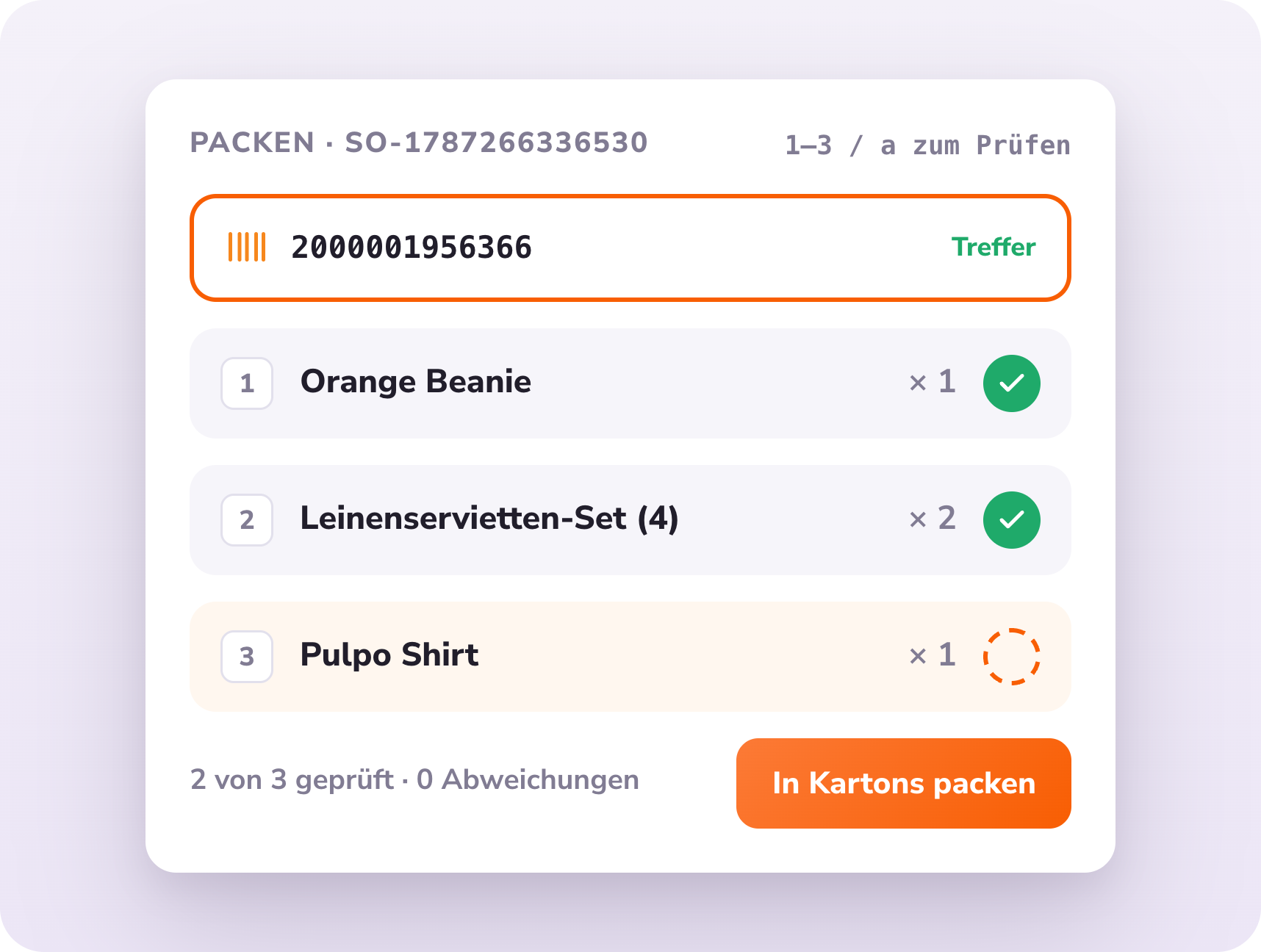 Packprüfung in PULPO WMS: Barcode-Treffer, Artikel einzeln geprüft, 0 Abweichungen