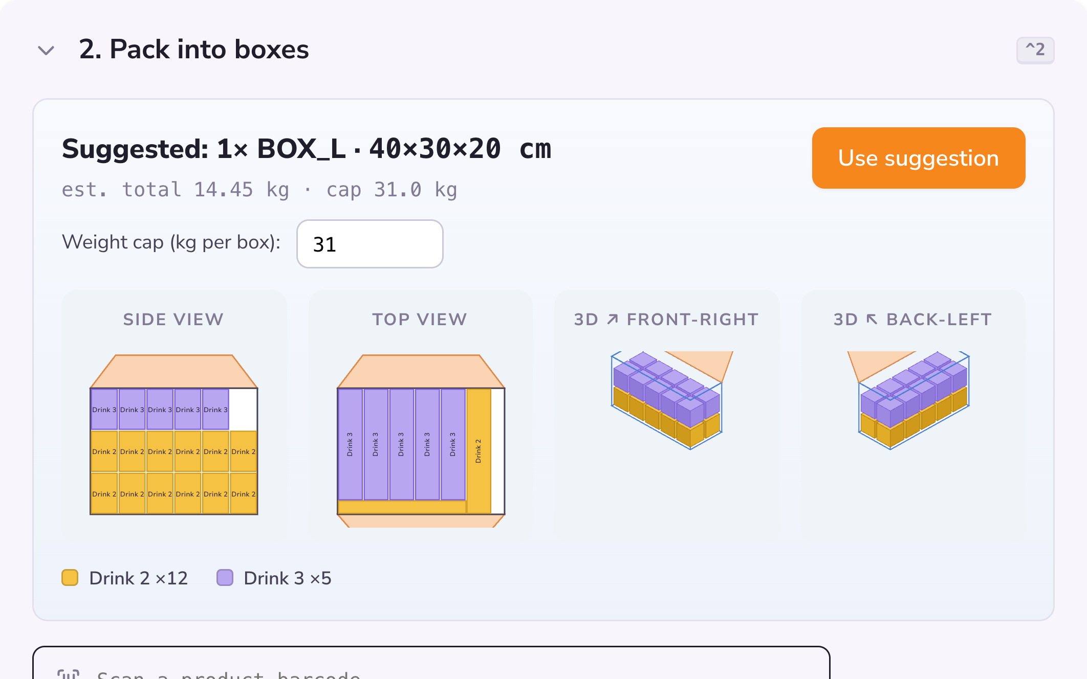 Packing with 3D box suggestion in PULPO WMS