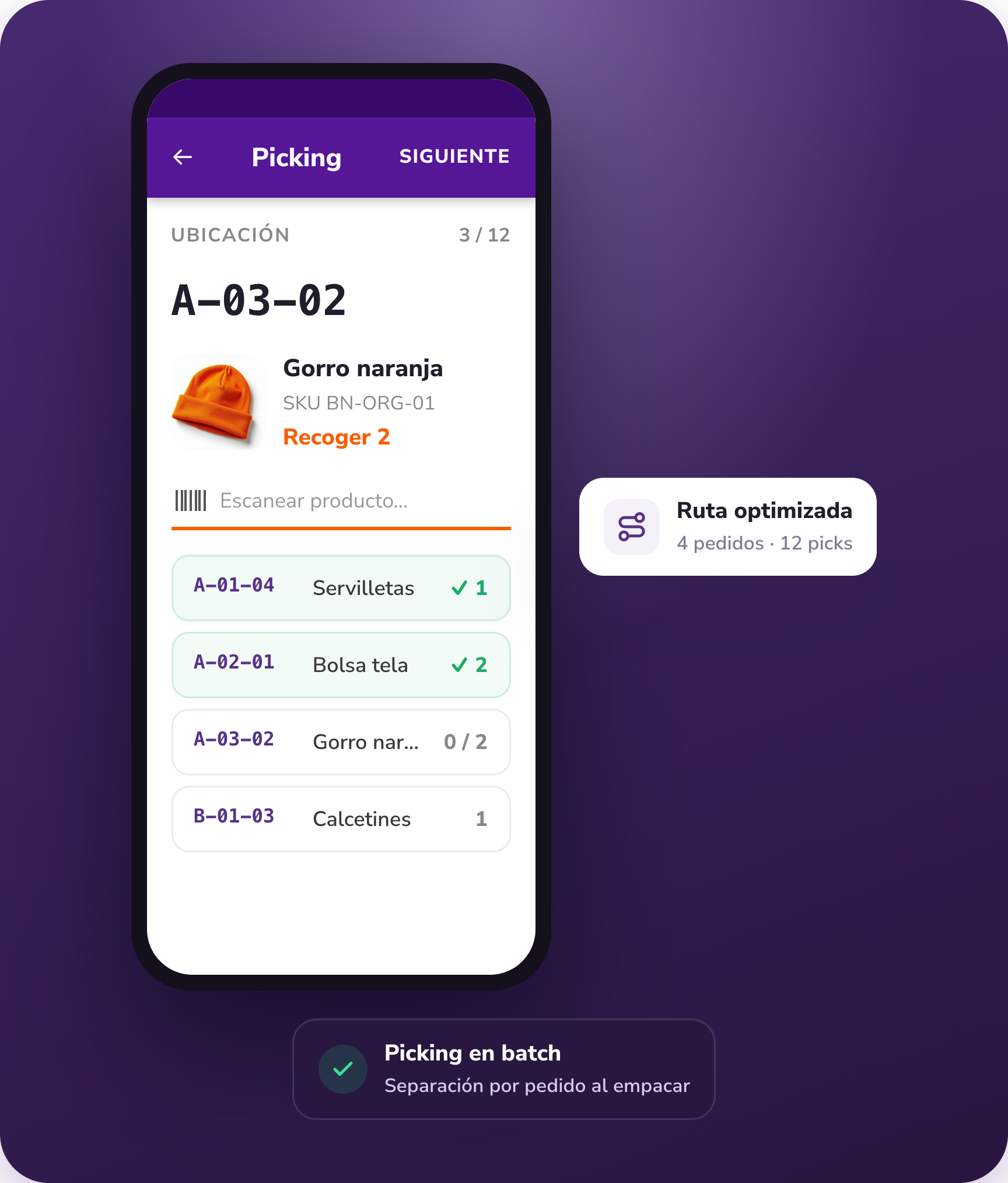 La app móvil de PULPO WMS guía al empleado en un picking en batch optimizado