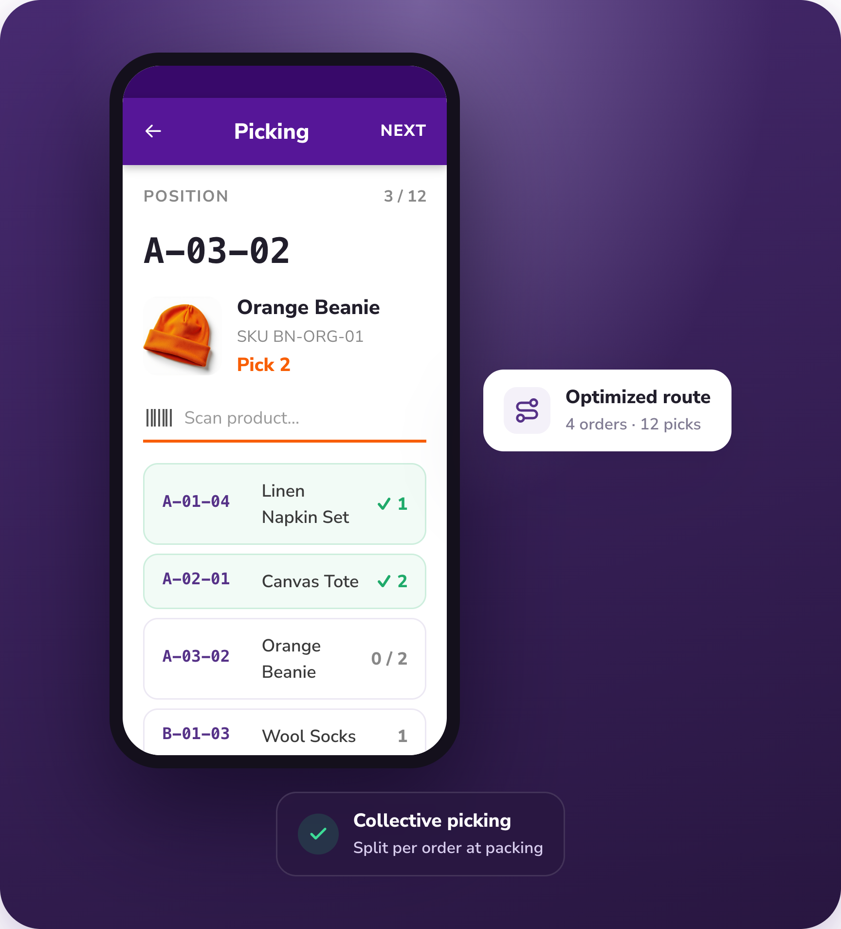PULPO WMS mobile app guiding an employee through an optimized collective picking route