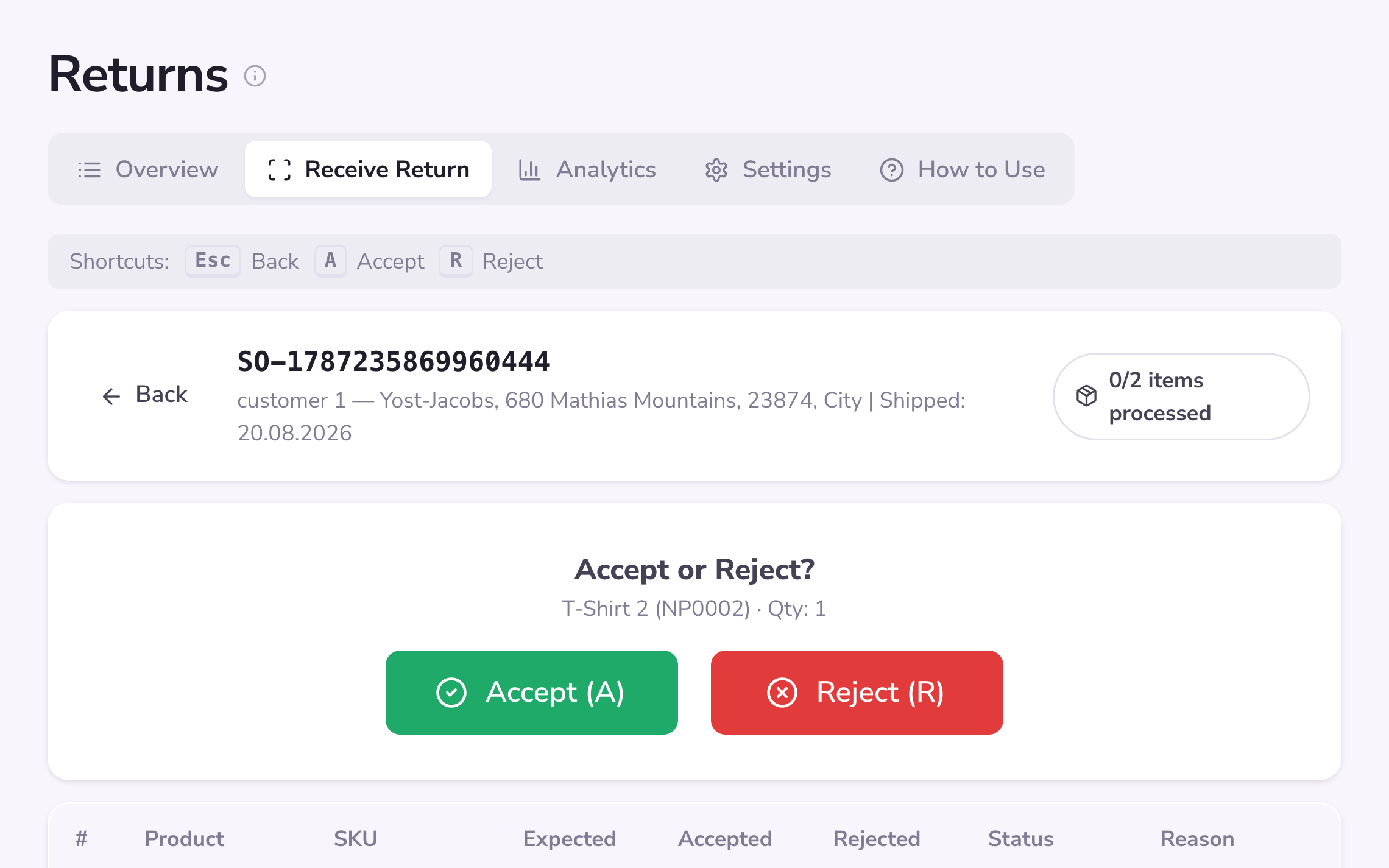 Returns accept or reject in PULPO WMS