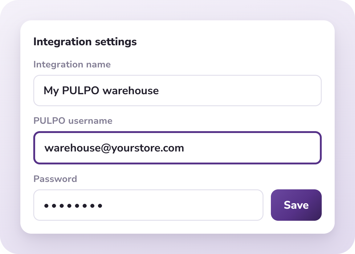 Sendcloud integration settings form with PULPO credentials