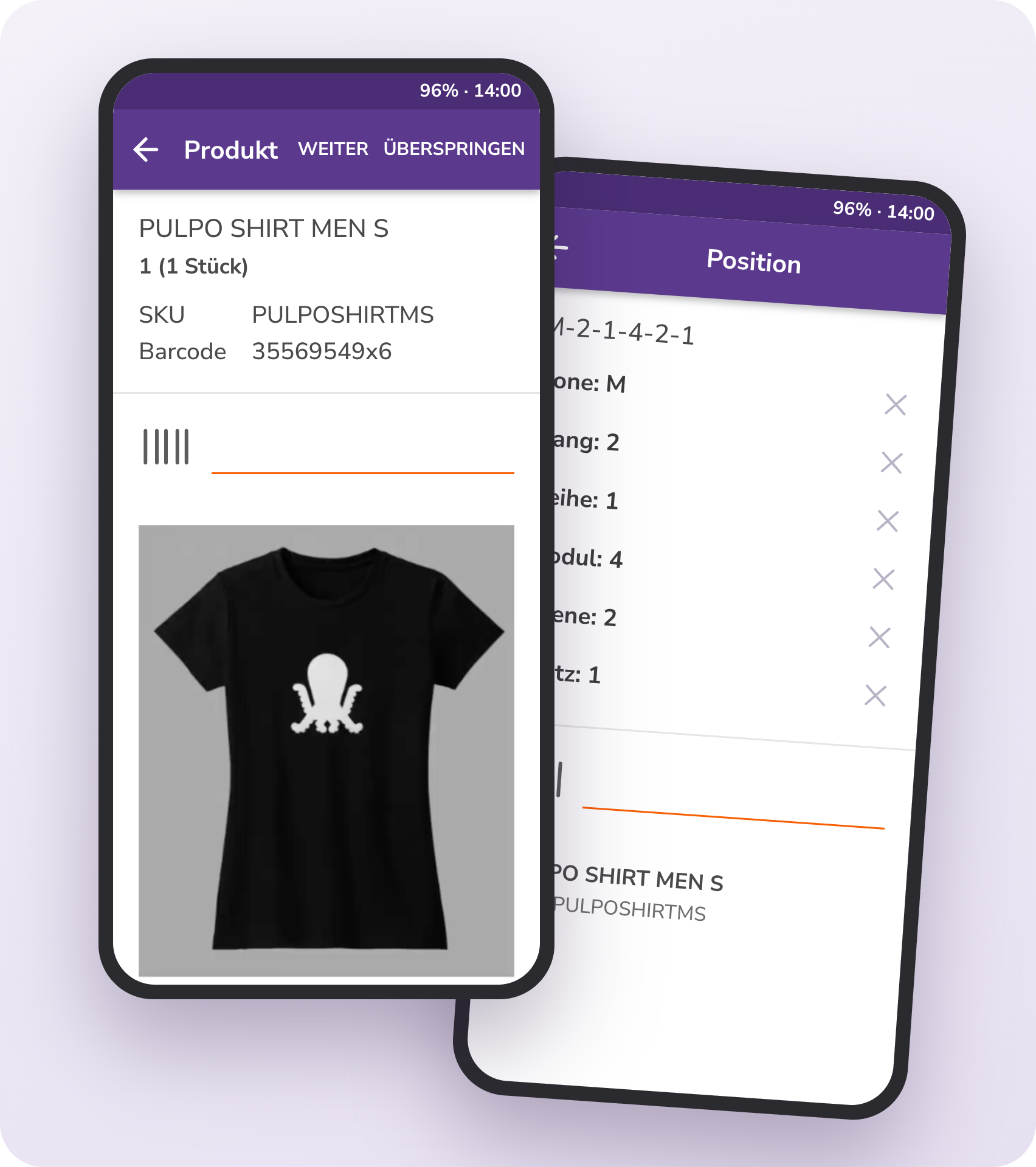 PULPO WMS Mobile App beim Kommissionieren: Produkt scannen, dann Lagerplatz