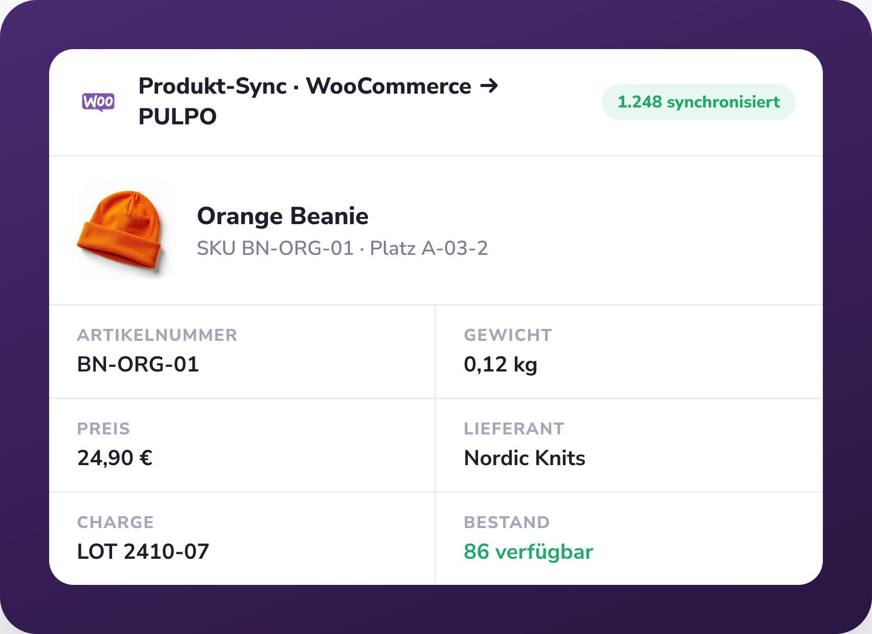 WooCommerce Produktdaten synchronisiert mit PULPO WMS: Artikelnummer, Gewicht, Preis, Lieferant, Charge und Bestand
